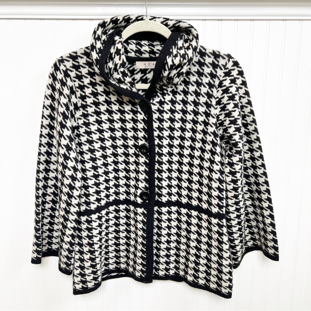 A. Ida Black & White Houndstooth Button Up Italian Wool Blend Cardigan Sweater